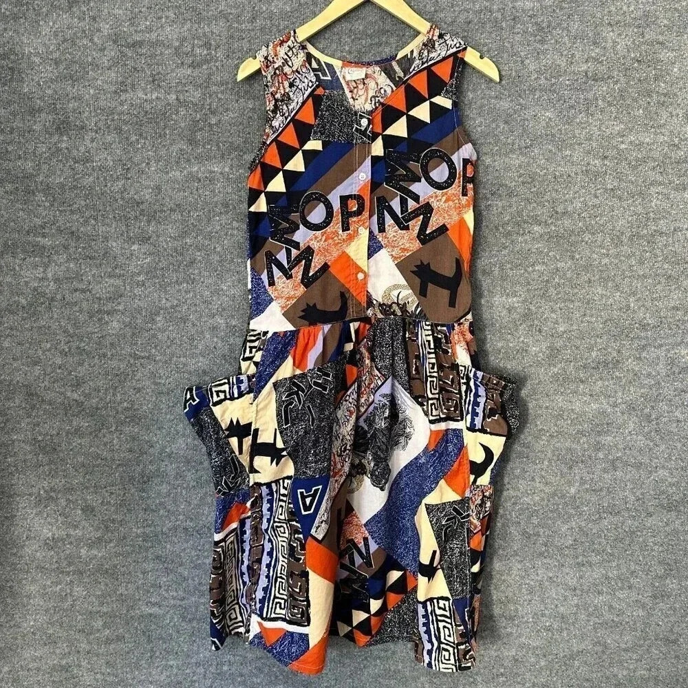 Vintage Chandni 70s 80s Dress Womens XS Abstract Pockets Summer Festival